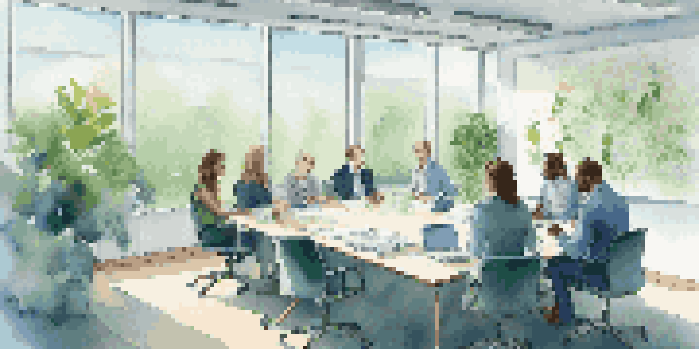 A diverse group of professionals in a bright office discussing crisis management strategies around a table, with a whiteboard filled with notes and plants in the background.