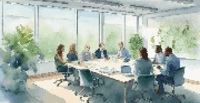 A diverse group of professionals in a bright office discussing crisis management strategies around a table, with a whiteboard filled with notes and plants in the background.