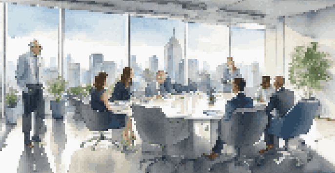 A diverse group of professionals in a modern office discussing business around a conference table, with a city skyline visible through large windows.