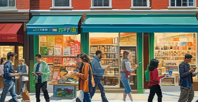 A busy street with diverse people shopping on their smartphones, colorful storefronts, and warm sunlight.