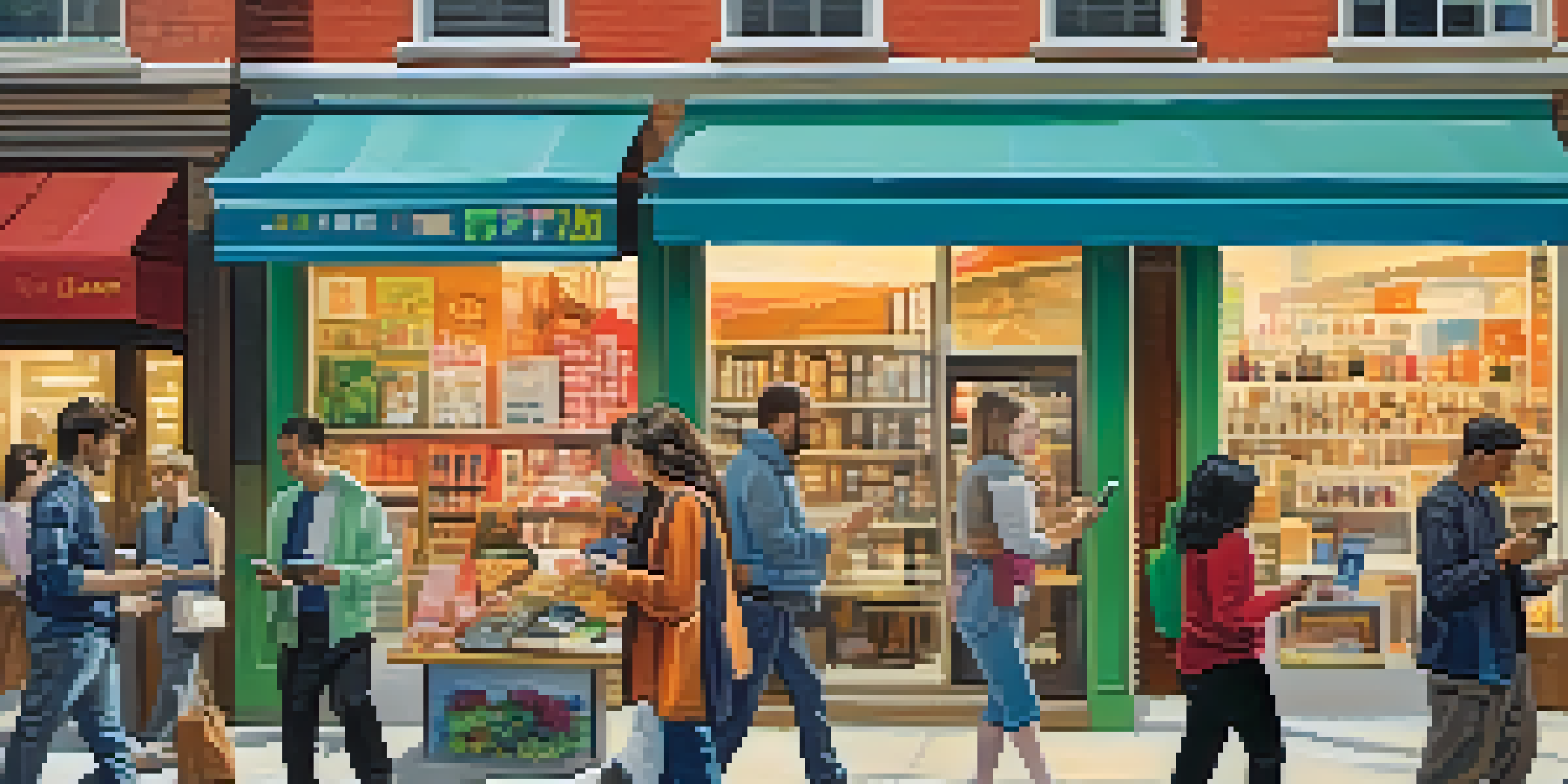 A busy street with diverse people shopping on their smartphones, colorful storefronts, and warm sunlight.