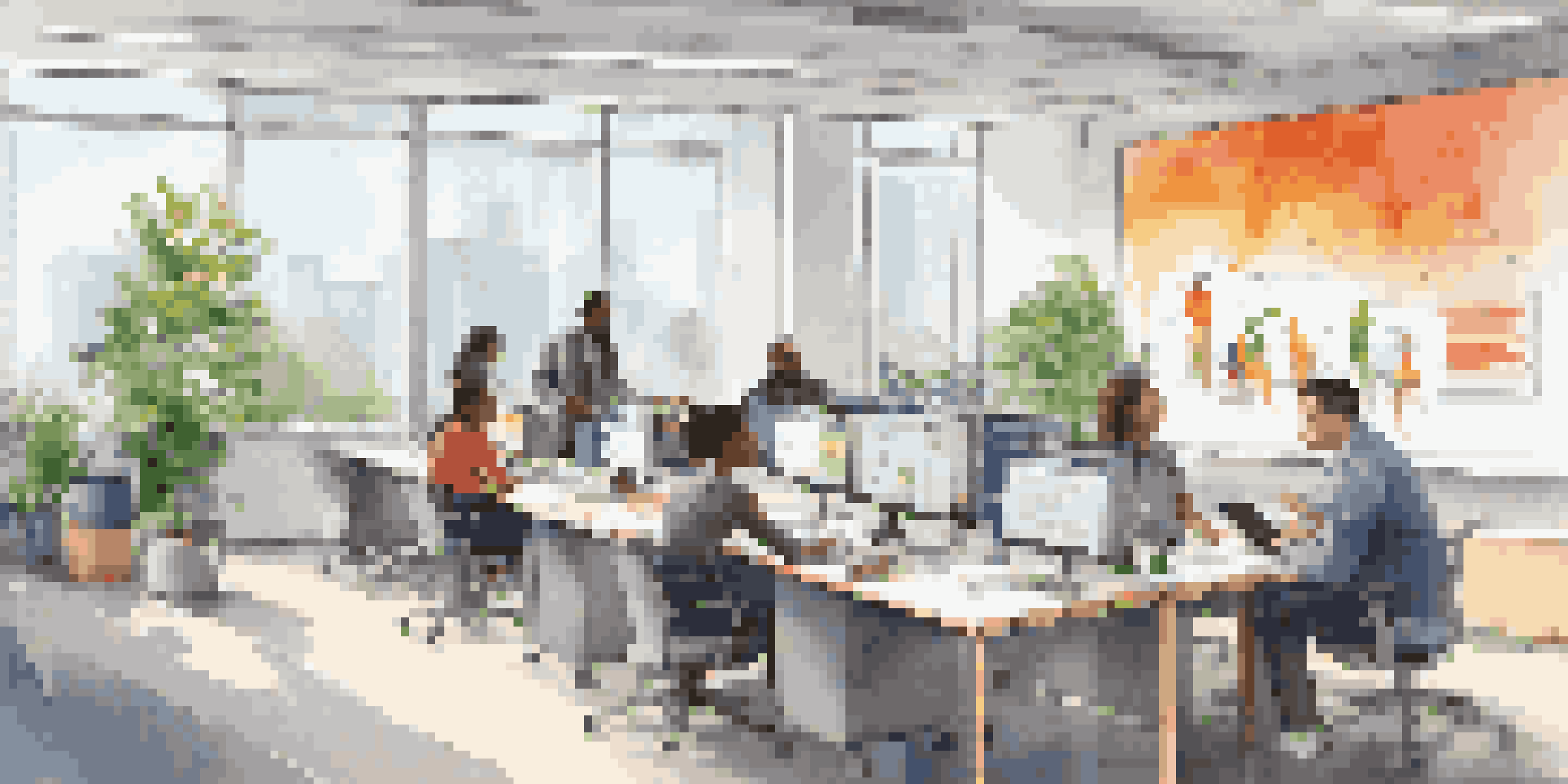 A diverse group of employees participating in a training session in a well-lit modern office with a whiteboard and plants.
