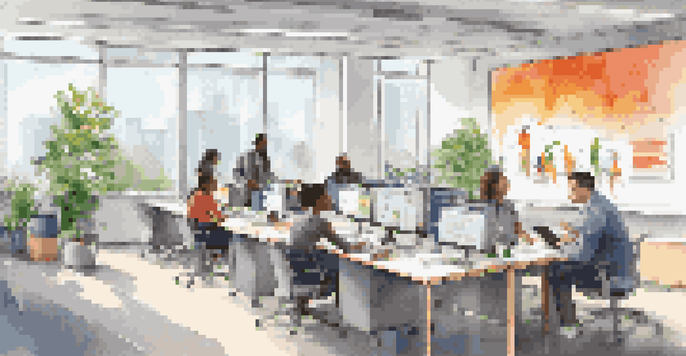 A diverse group of employees participating in a training session in a well-lit modern office with a whiteboard and plants.
