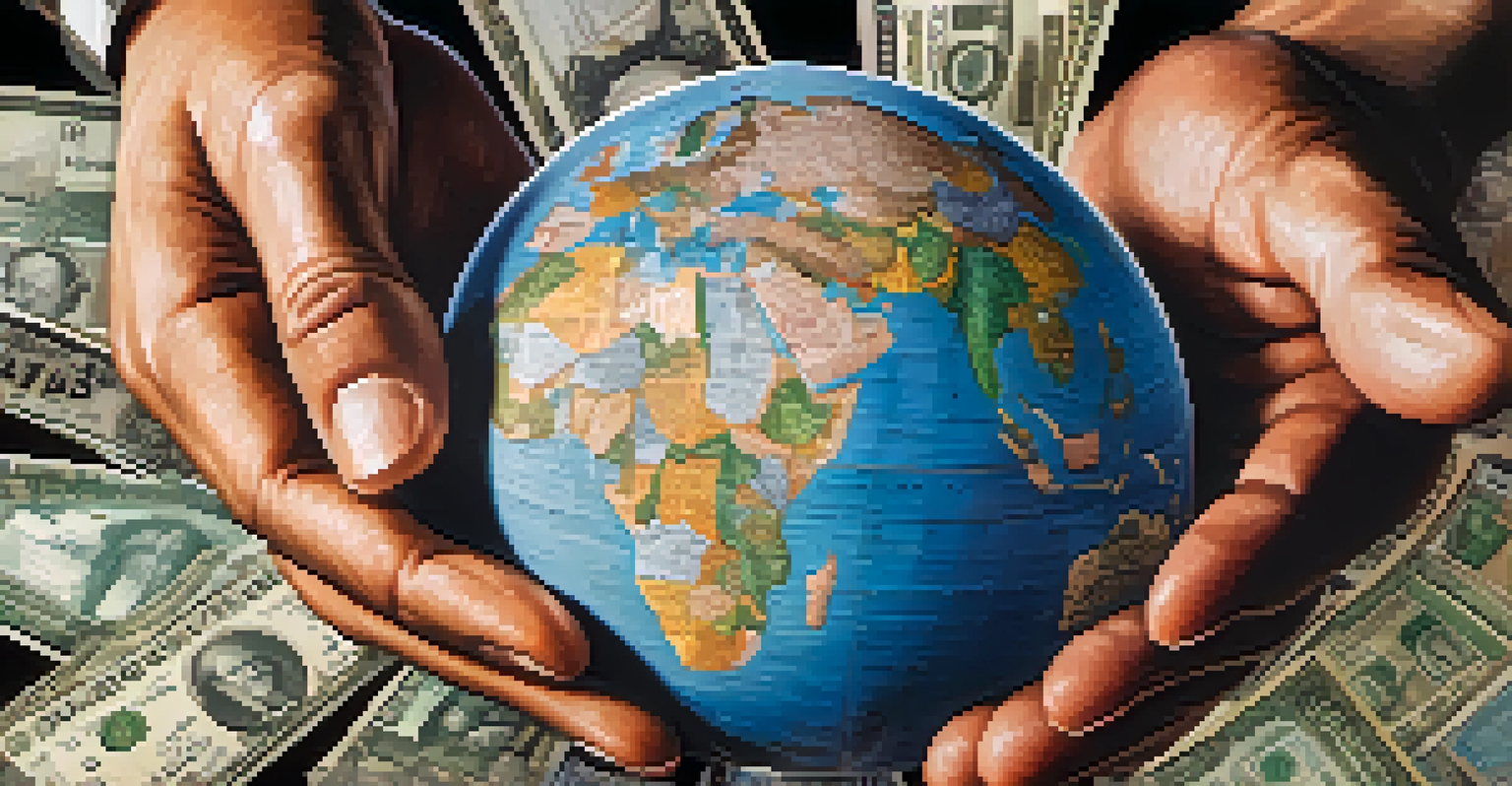 Close-up of hands holding a globe with various currency notes and coins around it, representing globalization.