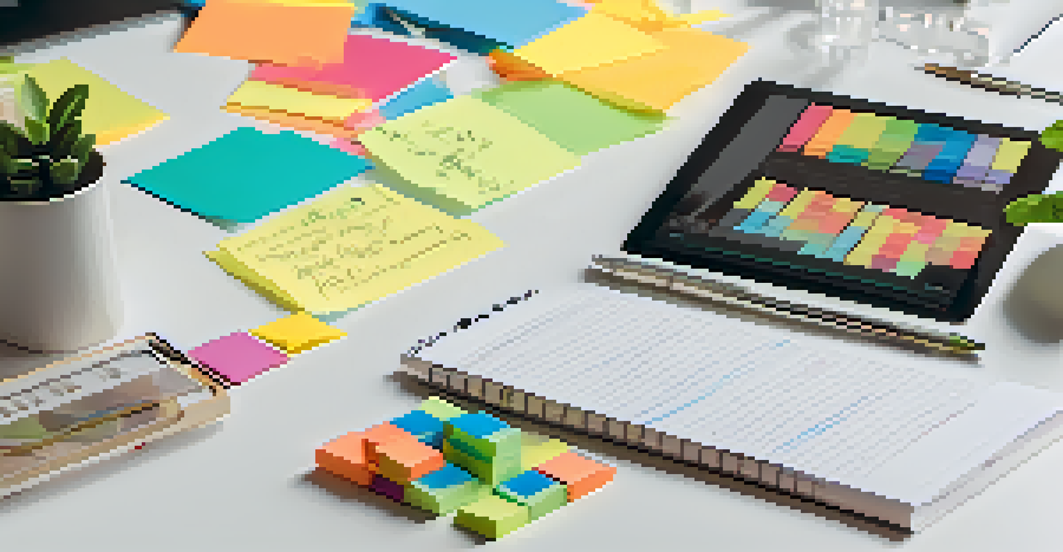 A close-up of a hand writing on a notepad, with sticky notes and a laptop displaying charts in a bright office setting.