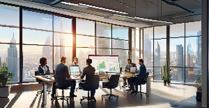 A diverse group of professionals collaborating in a modern office, discussing CRM features with a city view outside.