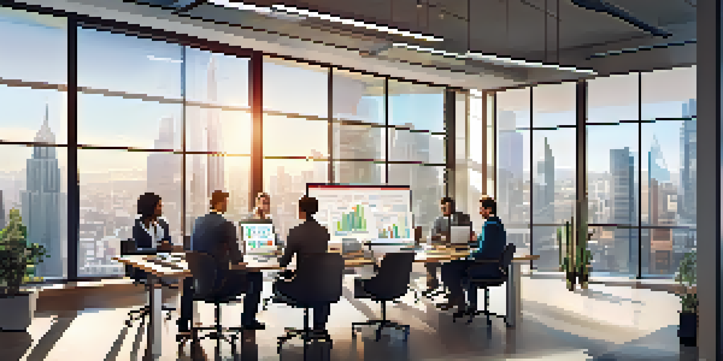 A diverse group of professionals collaborating in a modern office, discussing CRM features with a city view outside.