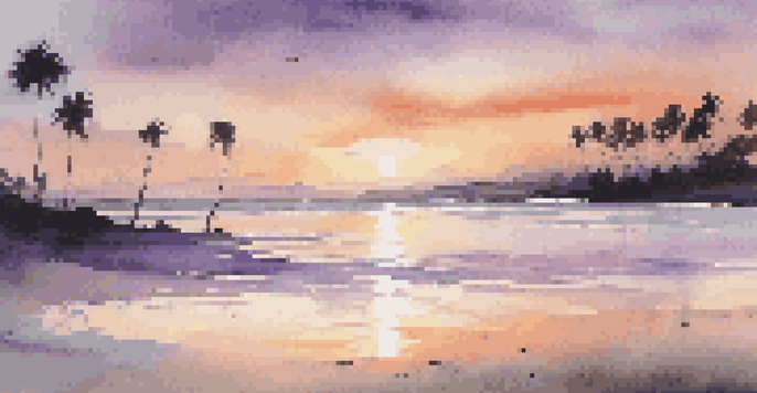 A tranquil beach scene at sunset with colorful sky reflections on the water and palm tree silhouettes.