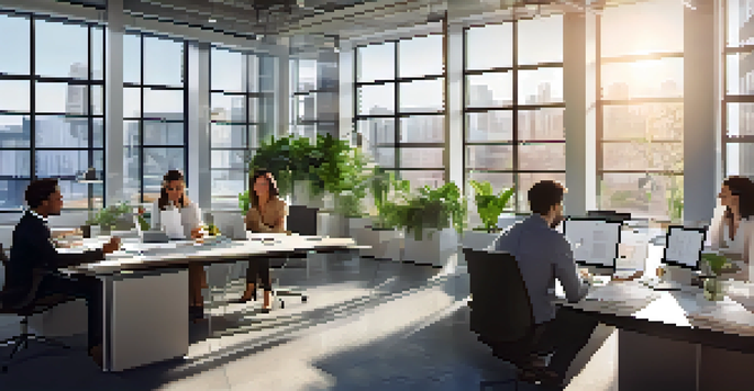 A diverse team of professionals collaborating in a bright office space, discussing financial documents with charts and computers around them.