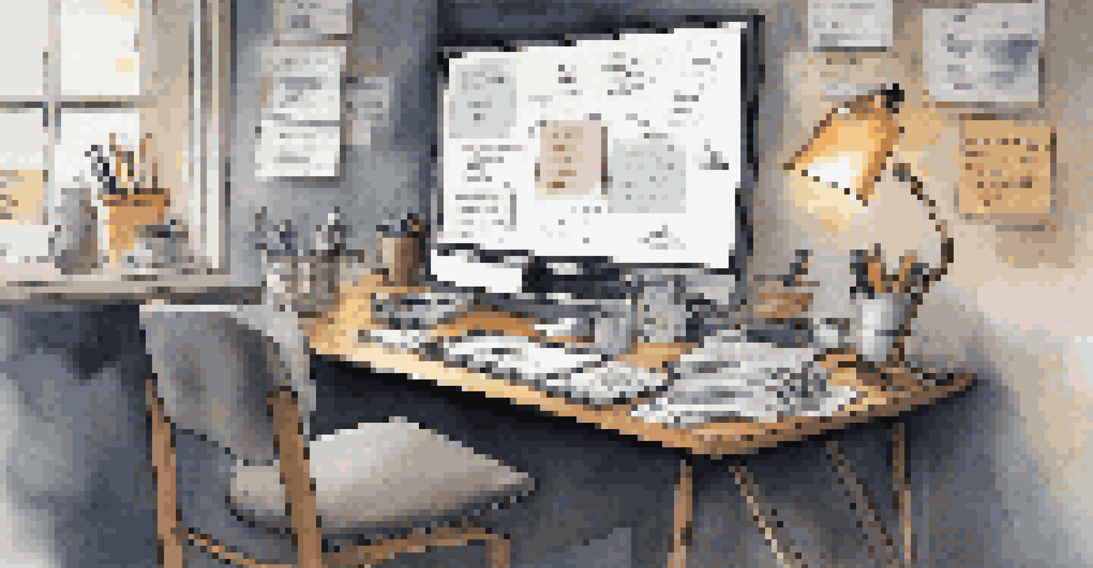 A creative workspace with a chalkboard filled with A/B testing strategies, a cluttered desk with marketing materials, and a warm desk lamp.