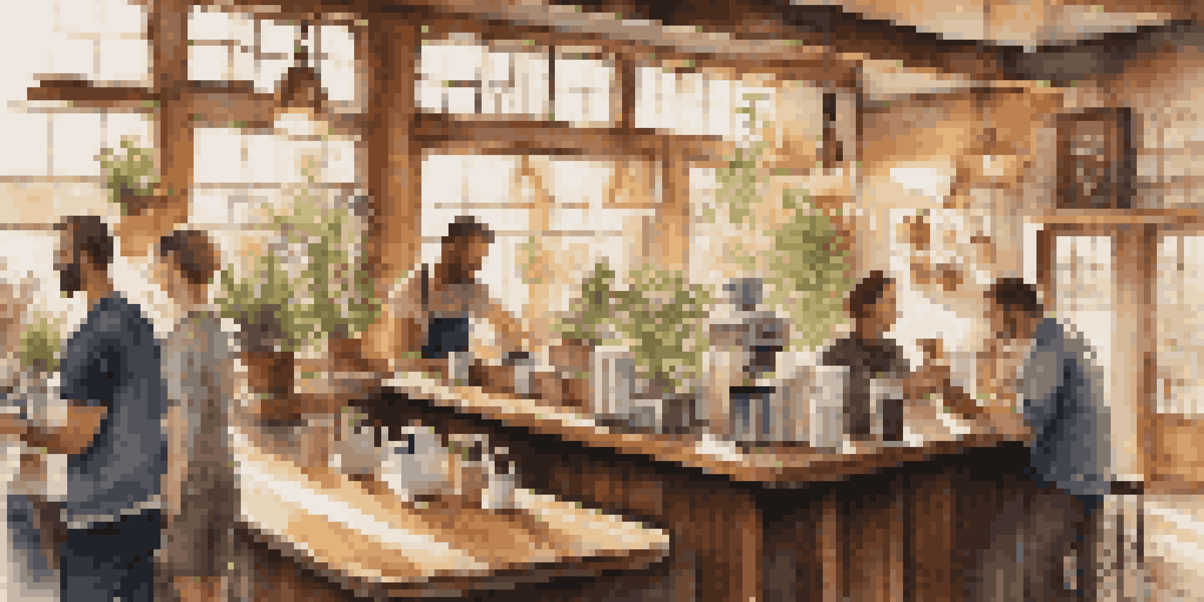A warm and inviting coffee shop with a barista making latte art, sunlight filling the room, and patrons enjoying their drinks.