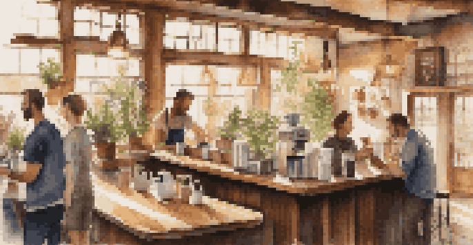 A warm and inviting coffee shop with a barista making latte art, sunlight filling the room, and patrons enjoying their drinks.