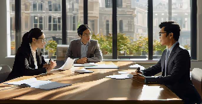 A diverse pair of individuals engaged in a constructive negotiation in a bright conference room.