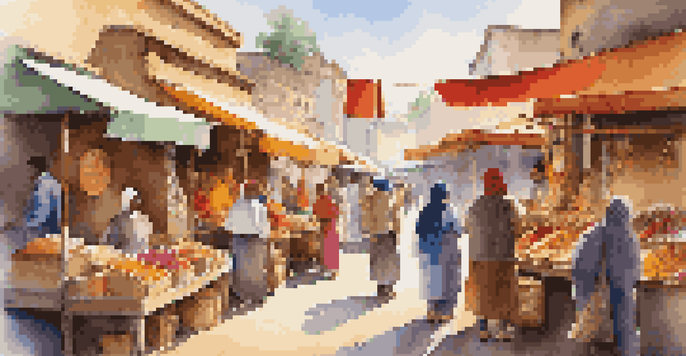 A bustling marketplace filled with diverse vendors and colorful stalls selling handcrafted goods under warm sunlight.