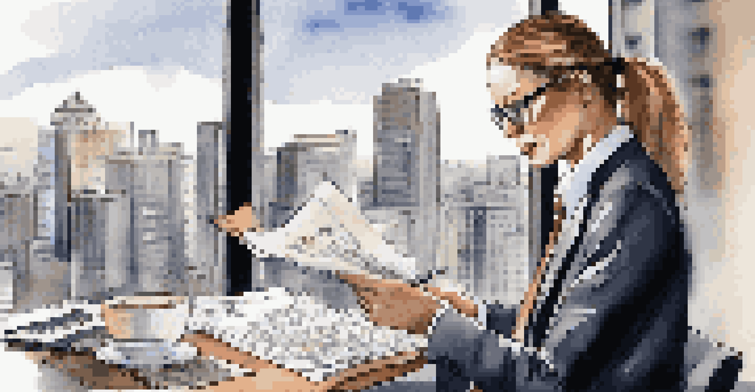 A business professional analyzing financial documents with a calculator and tea, in a modern office with city views.
