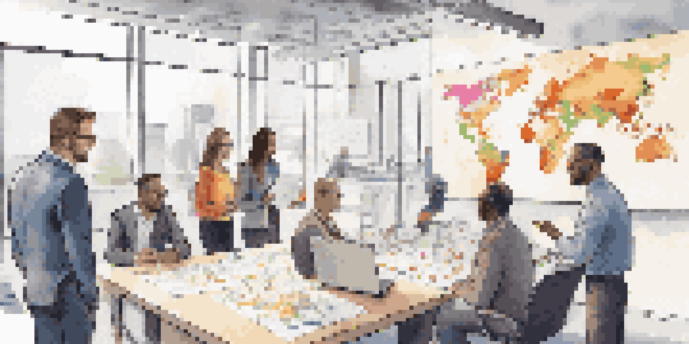 A diverse team collaborating on business process mapping in a bright office, with flowcharts and sticky notes on a whiteboard.