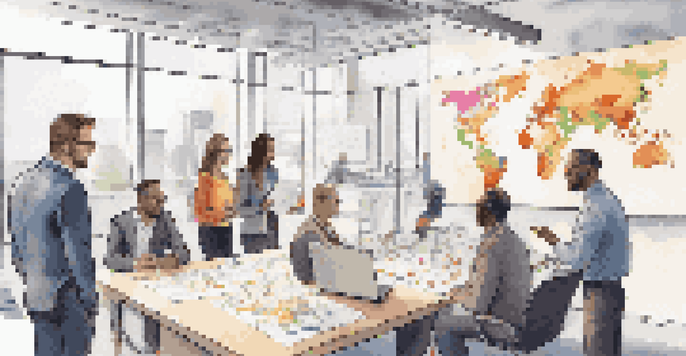 A diverse team collaborating on business process mapping in a bright office, with flowcharts and sticky notes on a whiteboard.