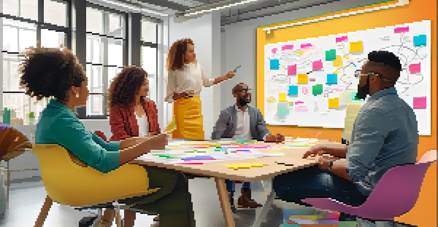 A diverse team engaged in a brainstorming session, sharing ideas on a whiteboard in a bright, modern office.