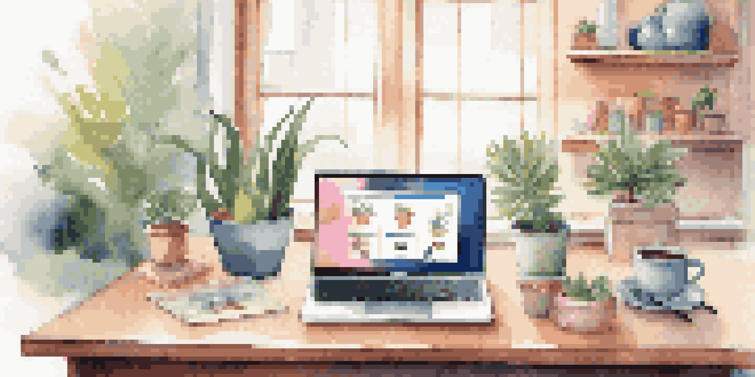 A modern workspace with a laptop showing a vibrant online store, well-lit with natural sunlight, and a stylish desk with plants and a coffee cup.