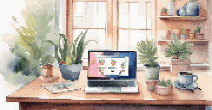 A modern workspace with a laptop showing a vibrant online store, well-lit with natural sunlight, and a stylish desk with plants and a coffee cup.