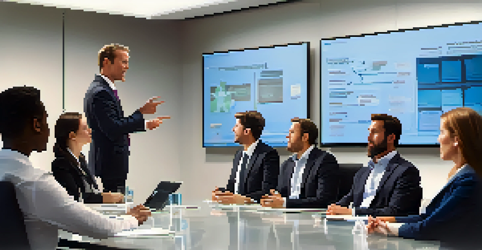 A leader presenting to an engaged team in a modern conference room with high-tech presentation tools.