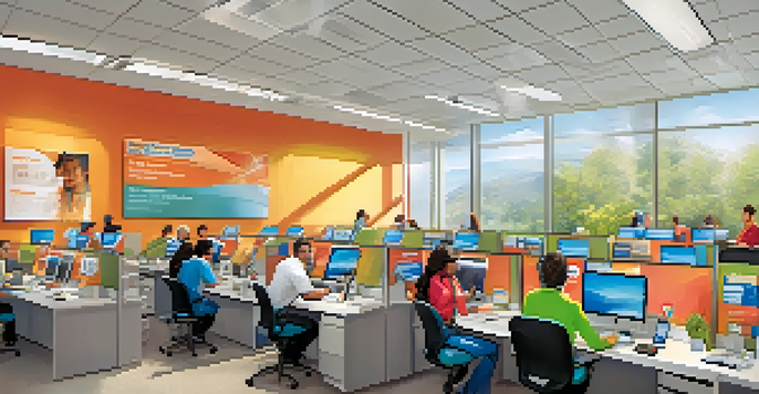 A vibrant customer service center with diverse employees interacting with customers, highlighting a customer-focused environment.