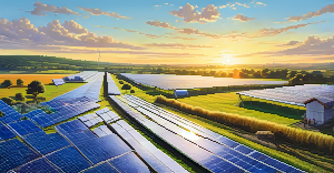 A landscape showing a solar farm with solar panels in a green field, people interacting with the panels, and a sunset in the background.