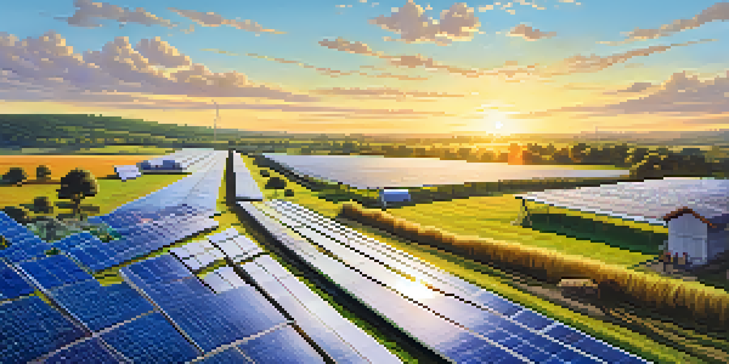 A landscape showing a solar farm with solar panels in a green field, people interacting with the panels, and a sunset in the background.