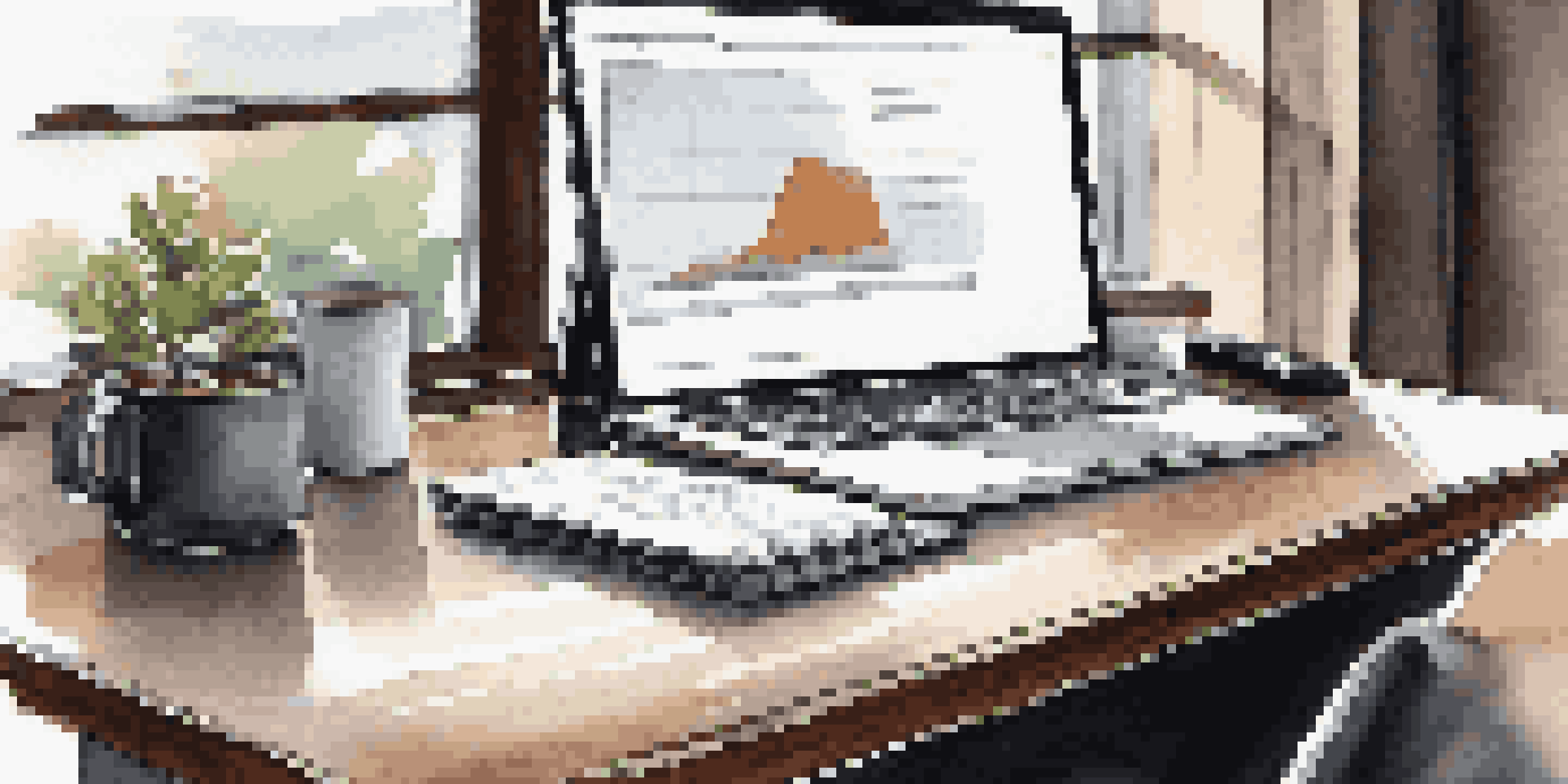 A modern office desk with a laptop, documents, and a cup of coffee, set in a bright office space.