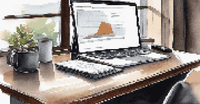 A modern office desk with a laptop, documents, and a cup of coffee, set in a bright office space.