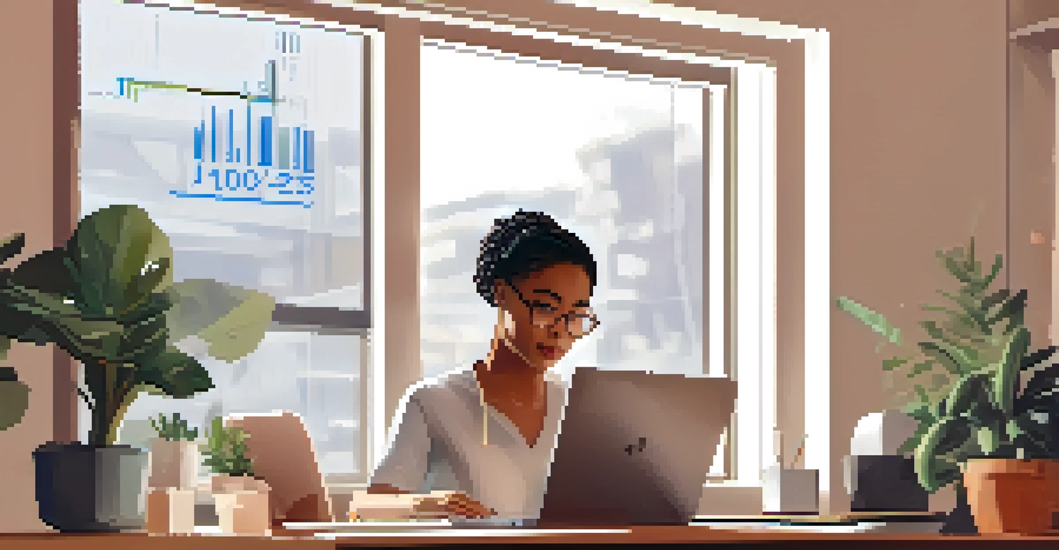 A person in a home office analyzing data on a laptop, surrounded by a cozy workspace with a notebook and coffee.