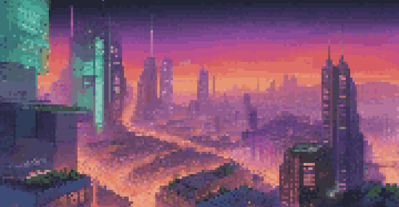 A futuristic cityscape at dusk, with innovative buildings and bright neon lights, showcasing technology and green spaces.