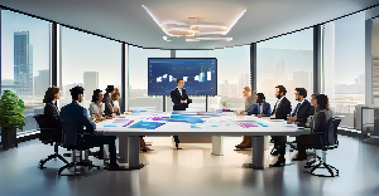 Diverse business professionals discussing financial metrics around a conference table, with charts projected on a screen in a modern meeting room.