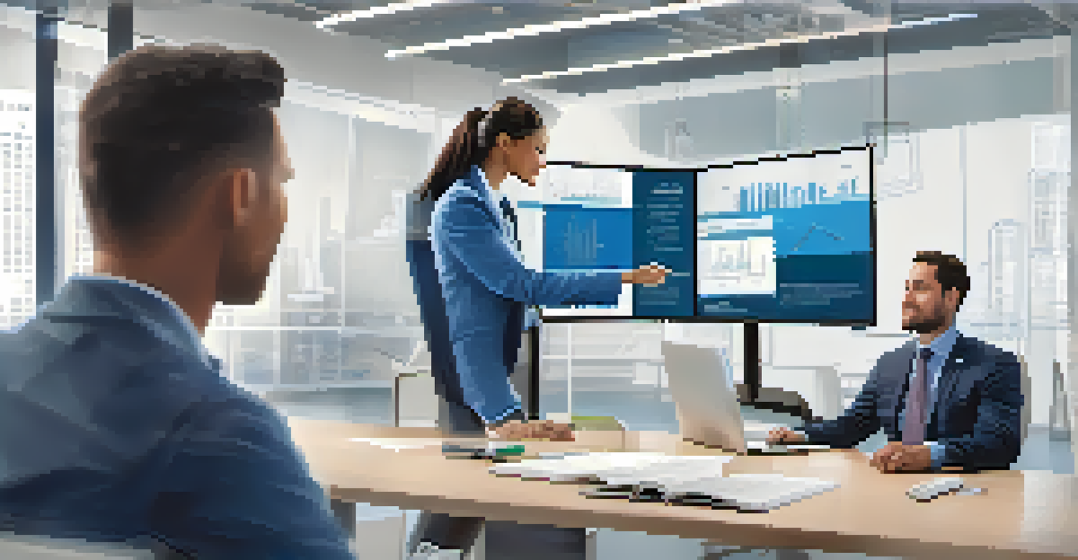 A mentor guiding an employee in a personalized training session in a modern office with a digital presentation.