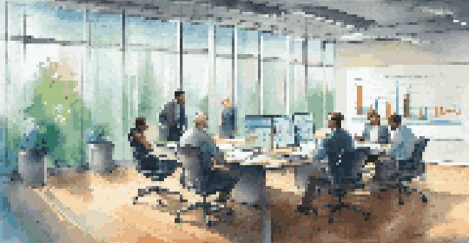 A diverse group of professionals gathered around a conference table in a modern office, discussing financial forecasts and strategic planning.