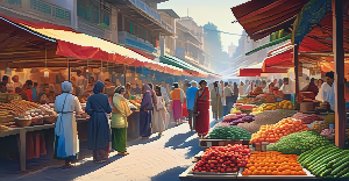 A vibrant market scene with various vendors selling colorful products, under sunny skies.