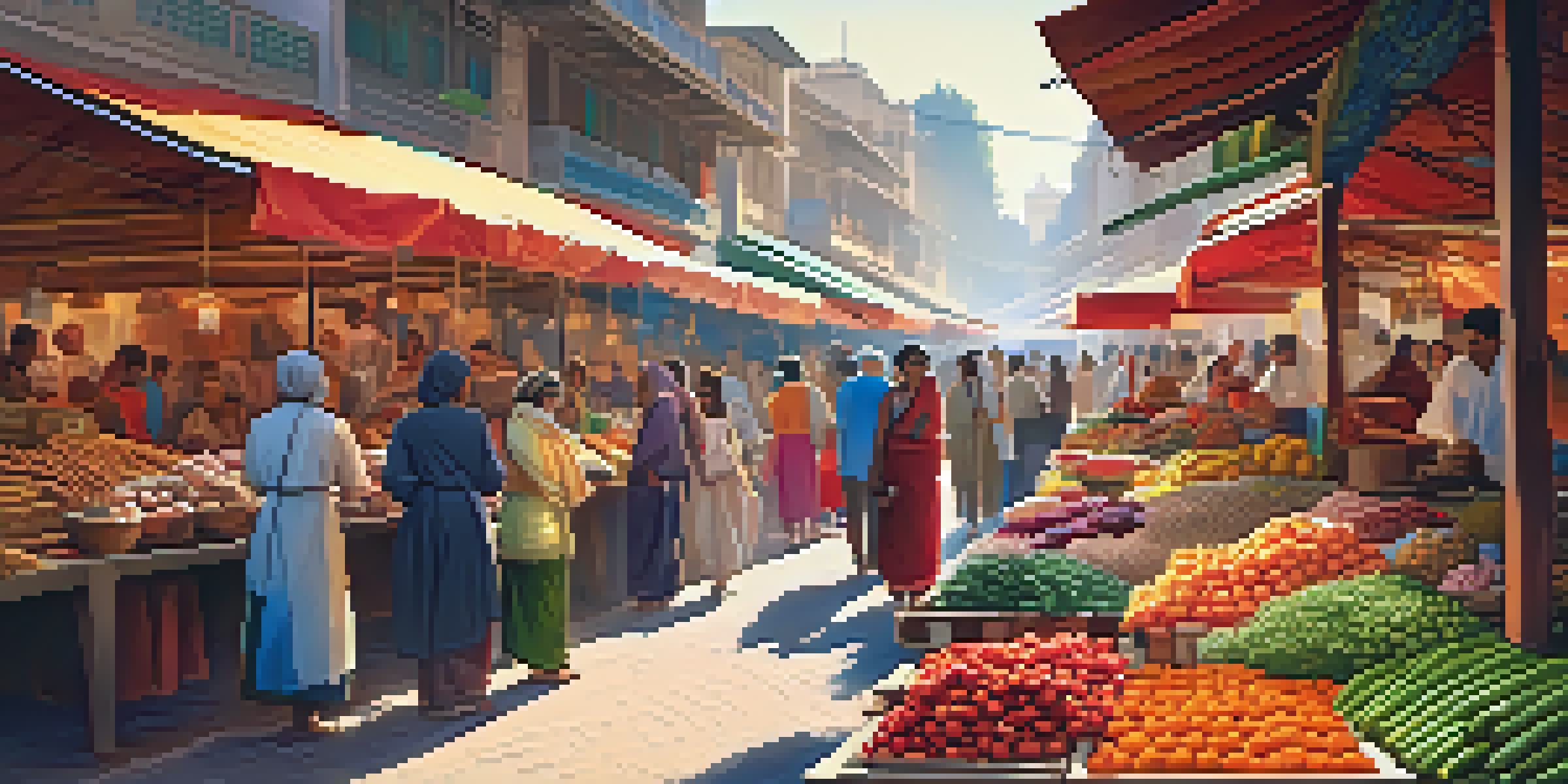 A vibrant market scene with various vendors selling colorful products, under sunny skies.