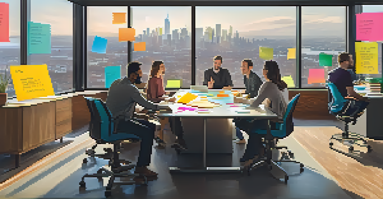 A creative workspace with a diverse team discussing ideas, featuring colorful post-it notes and a city skyline visible through large windows.