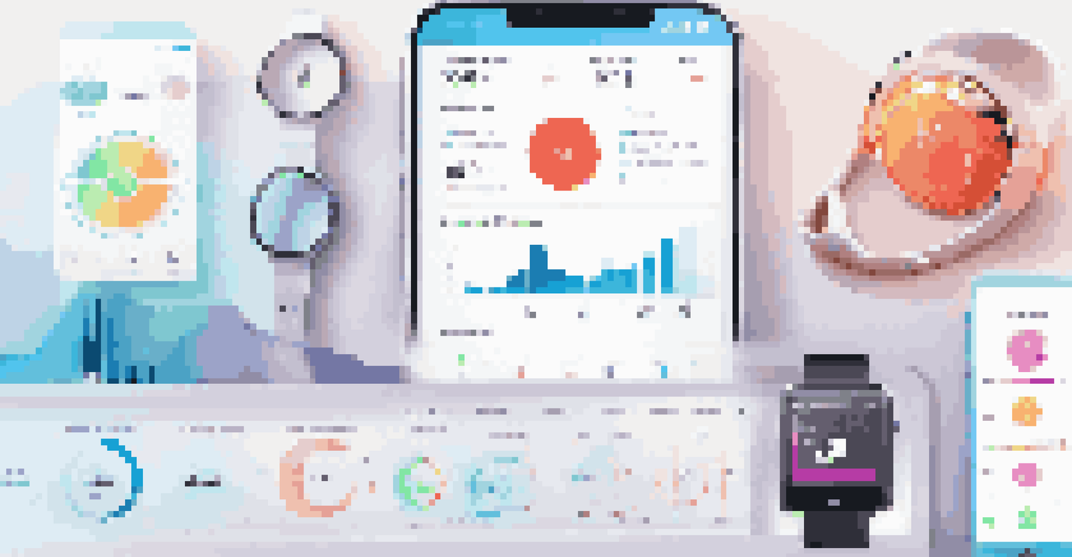Various digital health tools including wearables and a mobile app interface in a modern workspace.
