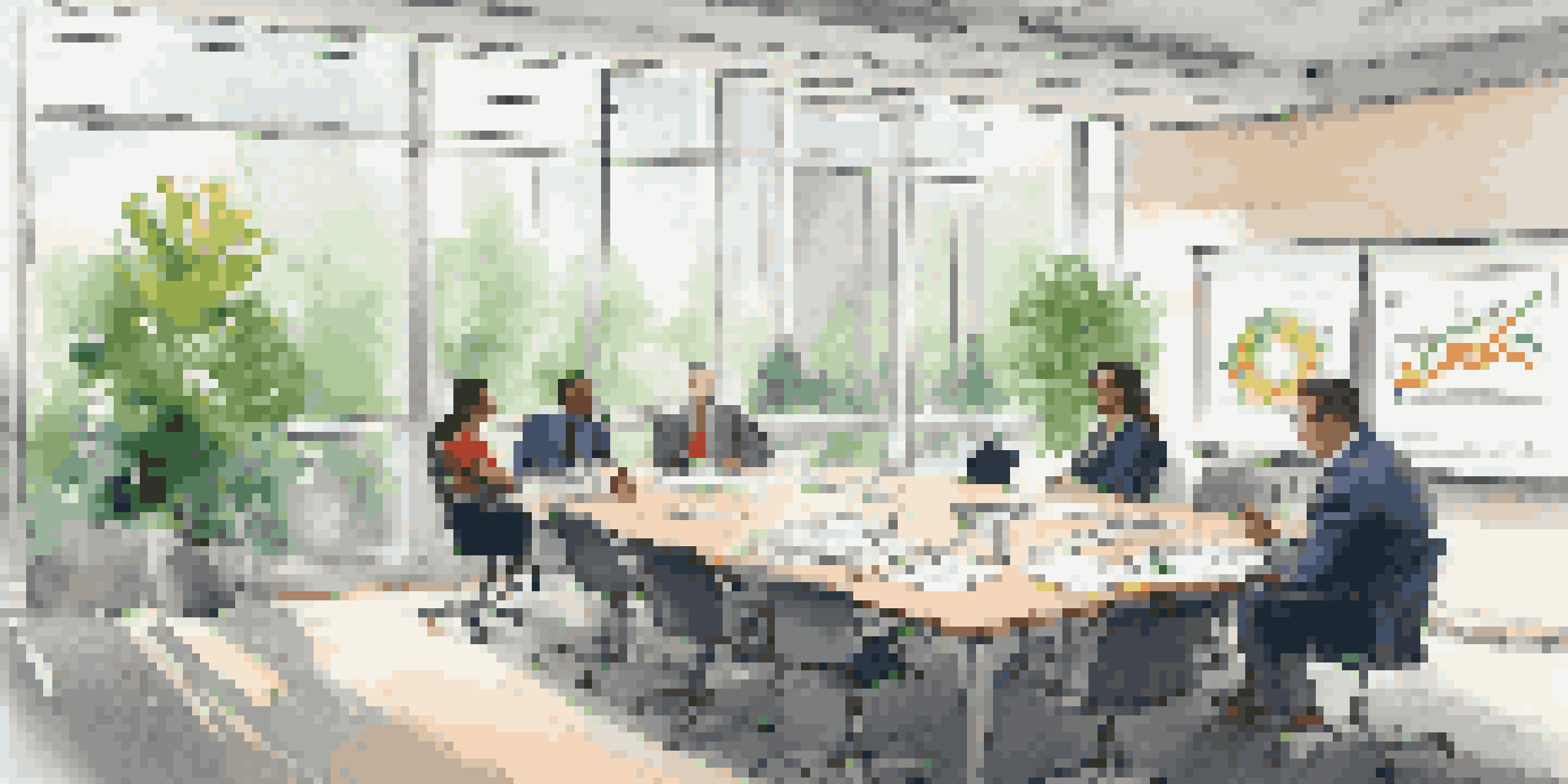 An office meeting room with professionals discussing a Business Continuity Plan, bright natural light, a whiteboard with flowcharts, and a large plant in the background.