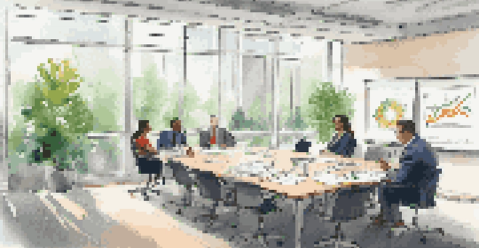 An office meeting room with professionals discussing a Business Continuity Plan, bright natural light, a whiteboard with flowcharts, and a large plant in the background.