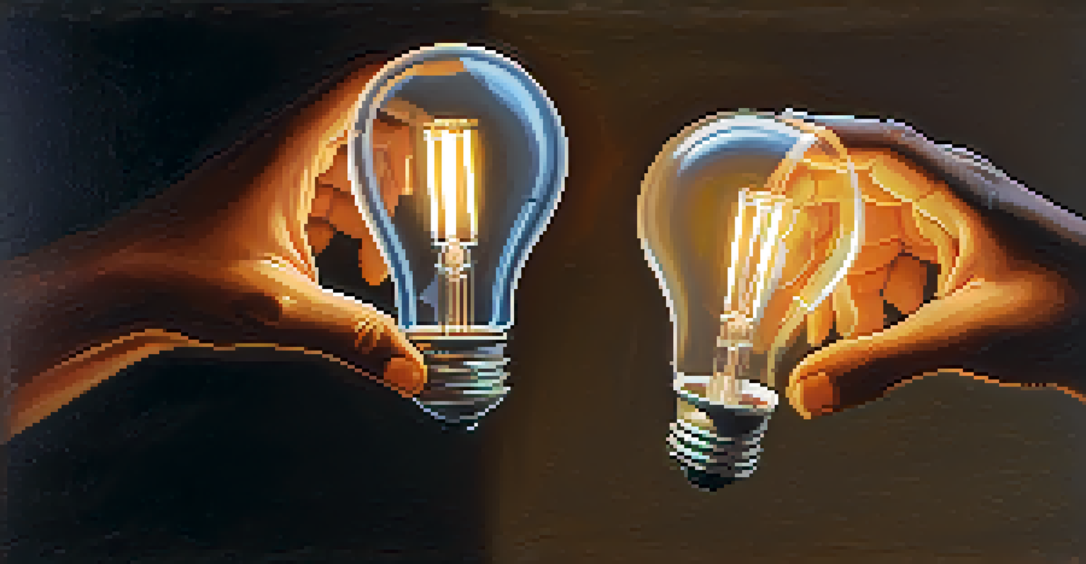 Two diverse hands exchanging a glowing light bulb against a blurred background, symbolizing the sharing of innovative ideas.