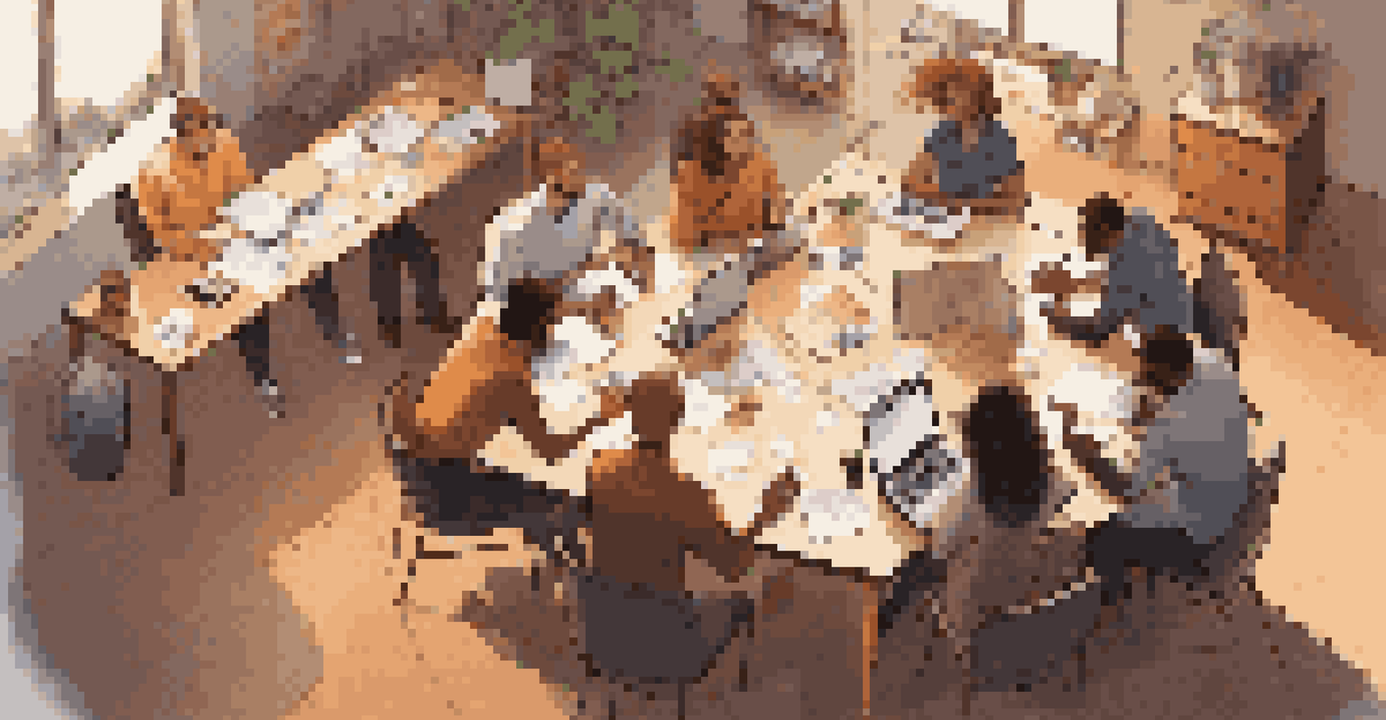 A diverse team engaged in a brainstorming session with sticky notes and laptops on a large table, under warm lighting.