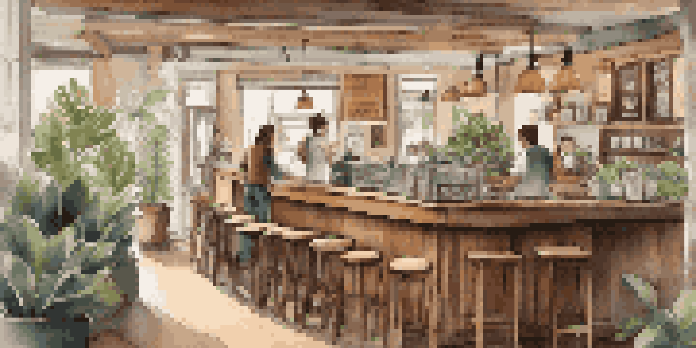 A warm and inviting coffee shop interior with wooden furniture, a barista making drinks, and customers enjoying their time.