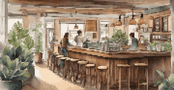 A warm and inviting coffee shop interior with wooden furniture, a barista making drinks, and customers enjoying their time.