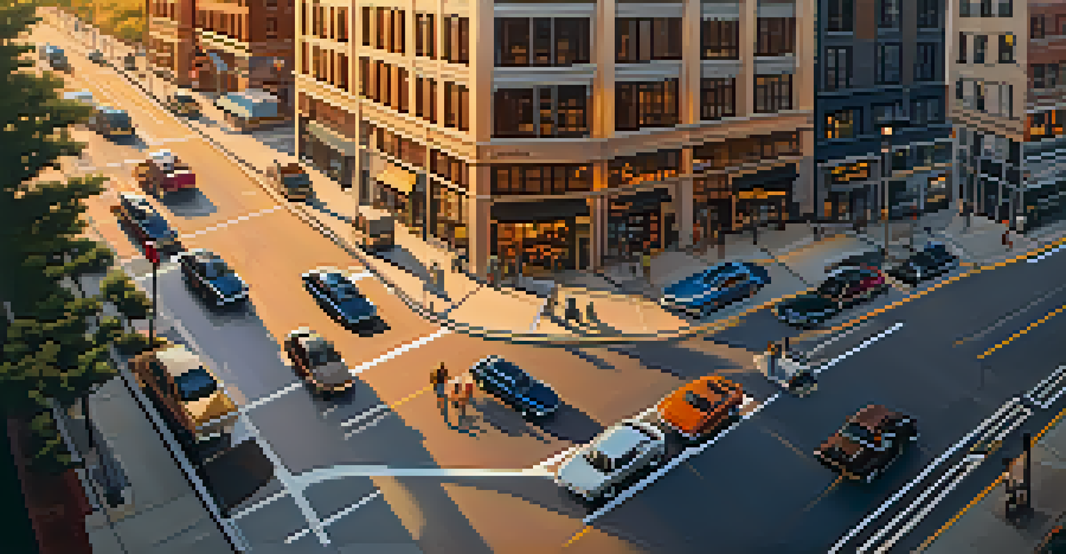 An aerial view of a bustling city intersection at sunset, with cars and people moving beneath colorful skyscrapers.