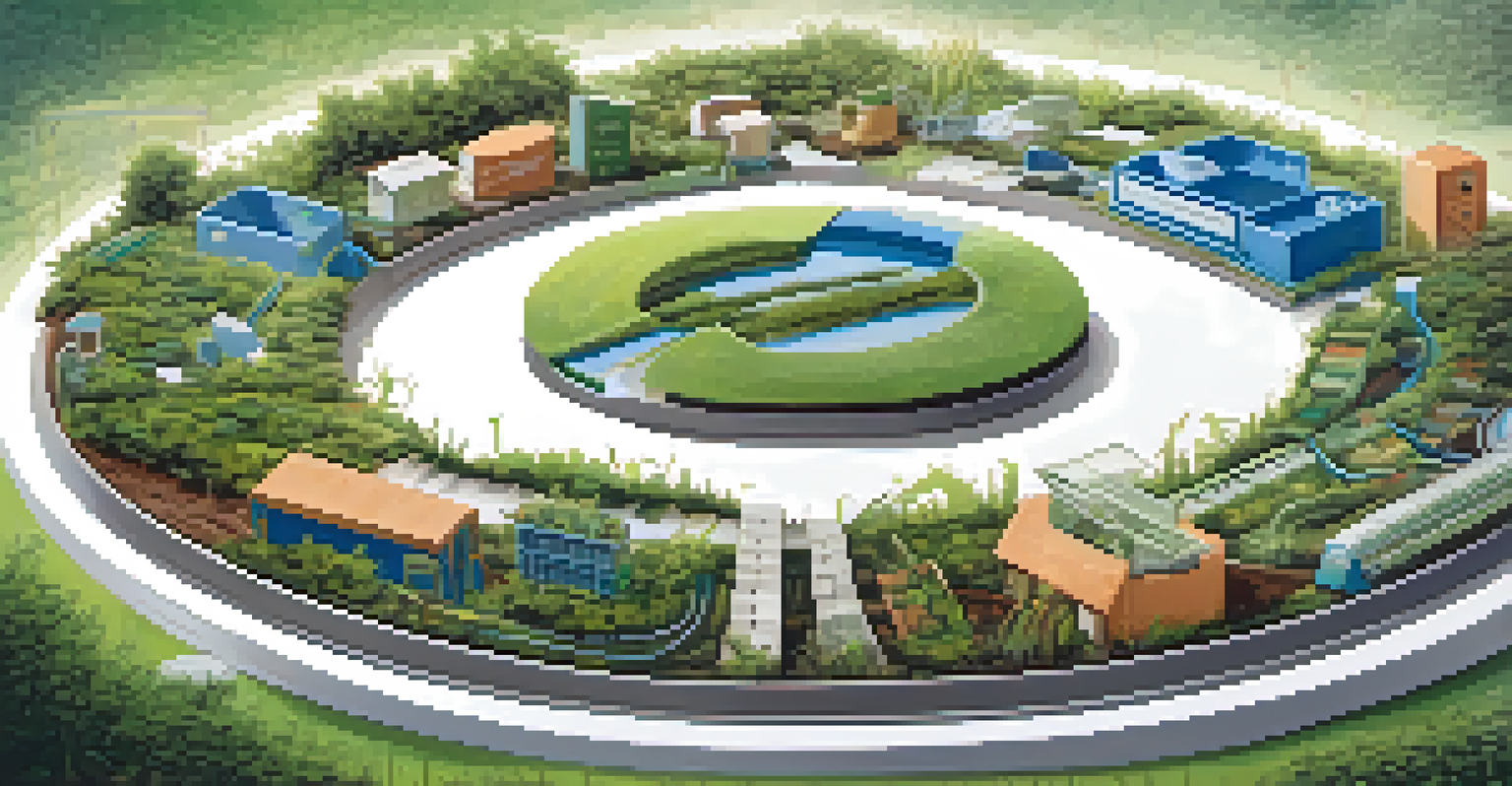 Illustration of a circular supply chain model with arrows, plants, and sustainability themes.