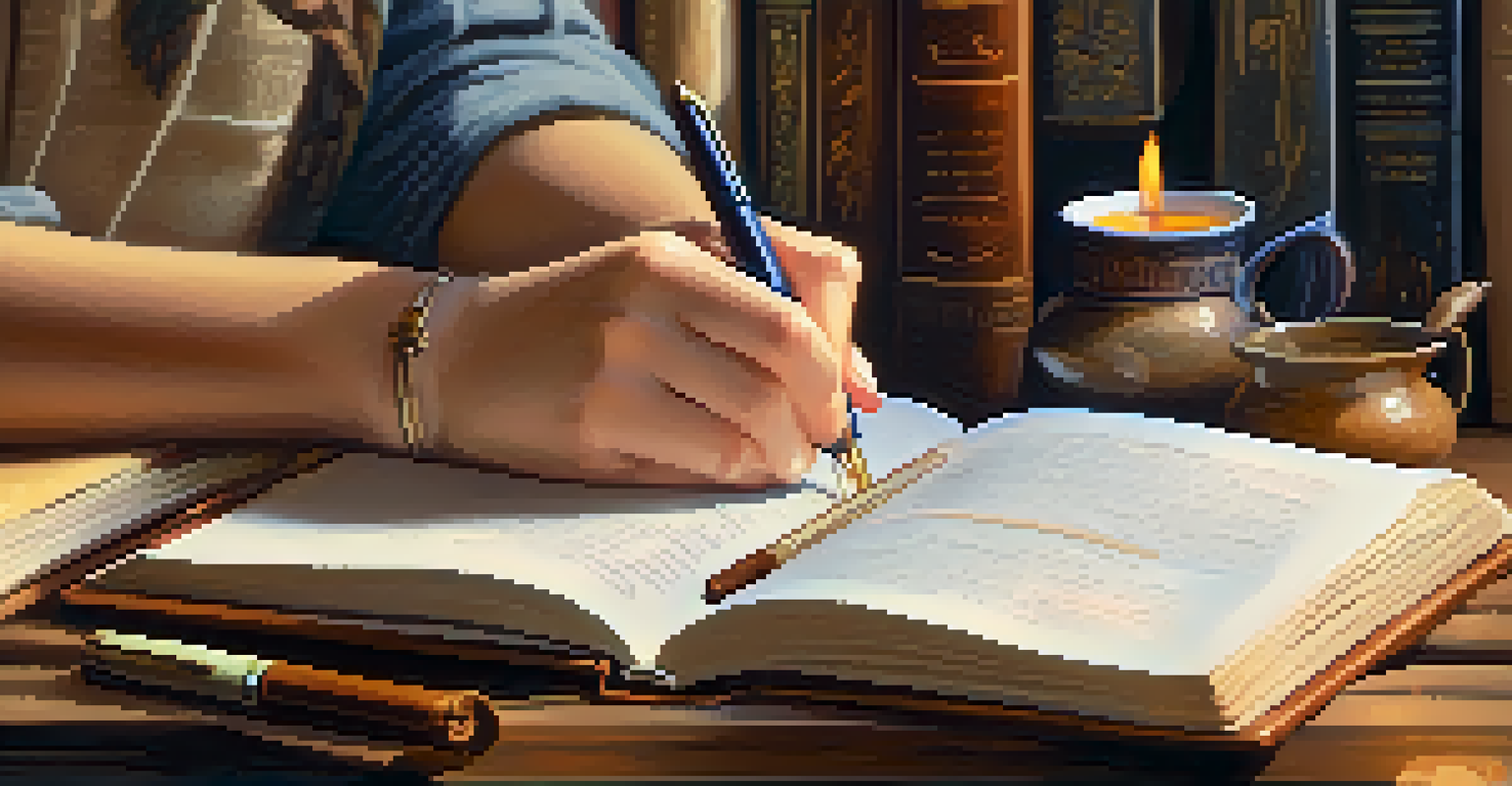 A close-up of a person journaling with a fountain pen, surrounded by books and a cup of tea, illuminated by warm light on a wooden surface.
