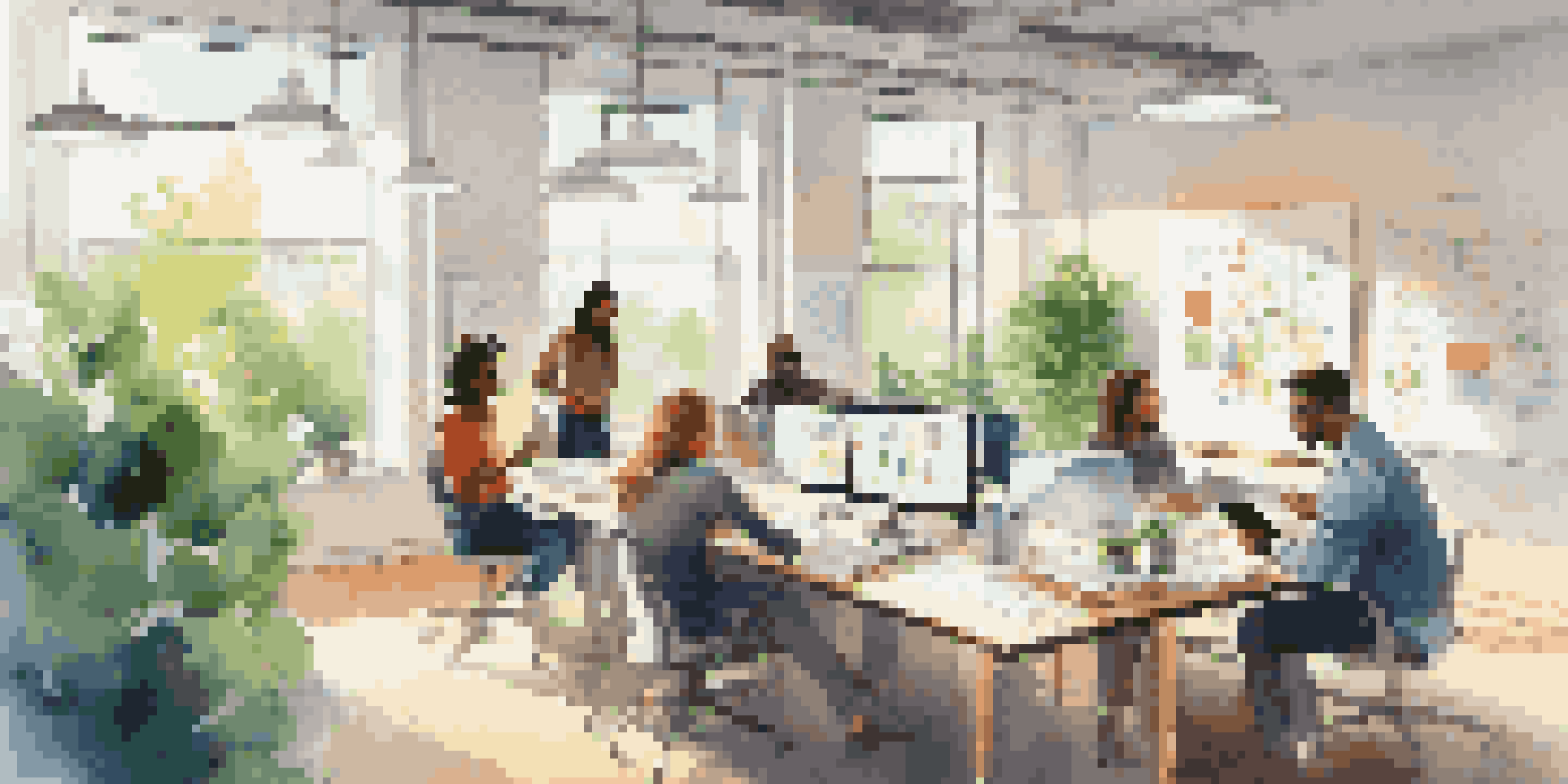 A bright office space with diverse teams collaborating around a table, filled with plants and artwork, with sunlight streaming through large windows.