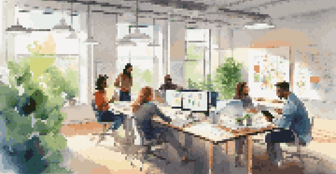 A bright office space with diverse teams collaborating around a table, filled with plants and artwork, with sunlight streaming through large windows.